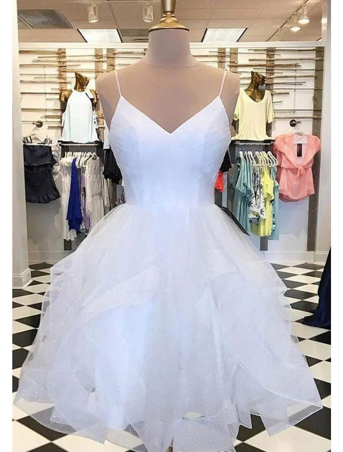 Ball Gown Homecoming Dresses Glittering Mini Dresses Puff Tiered Dresses Sleeveless Spaghetti Strap