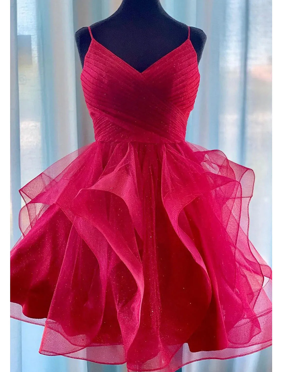 Ball Gown Homecoming Dresses Glittering Mini Dresses Puff Tiered Dresses Sleeveless Spaghetti Strap