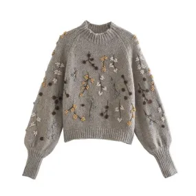 BEADING EMROIDERY CROPPED SWEATER