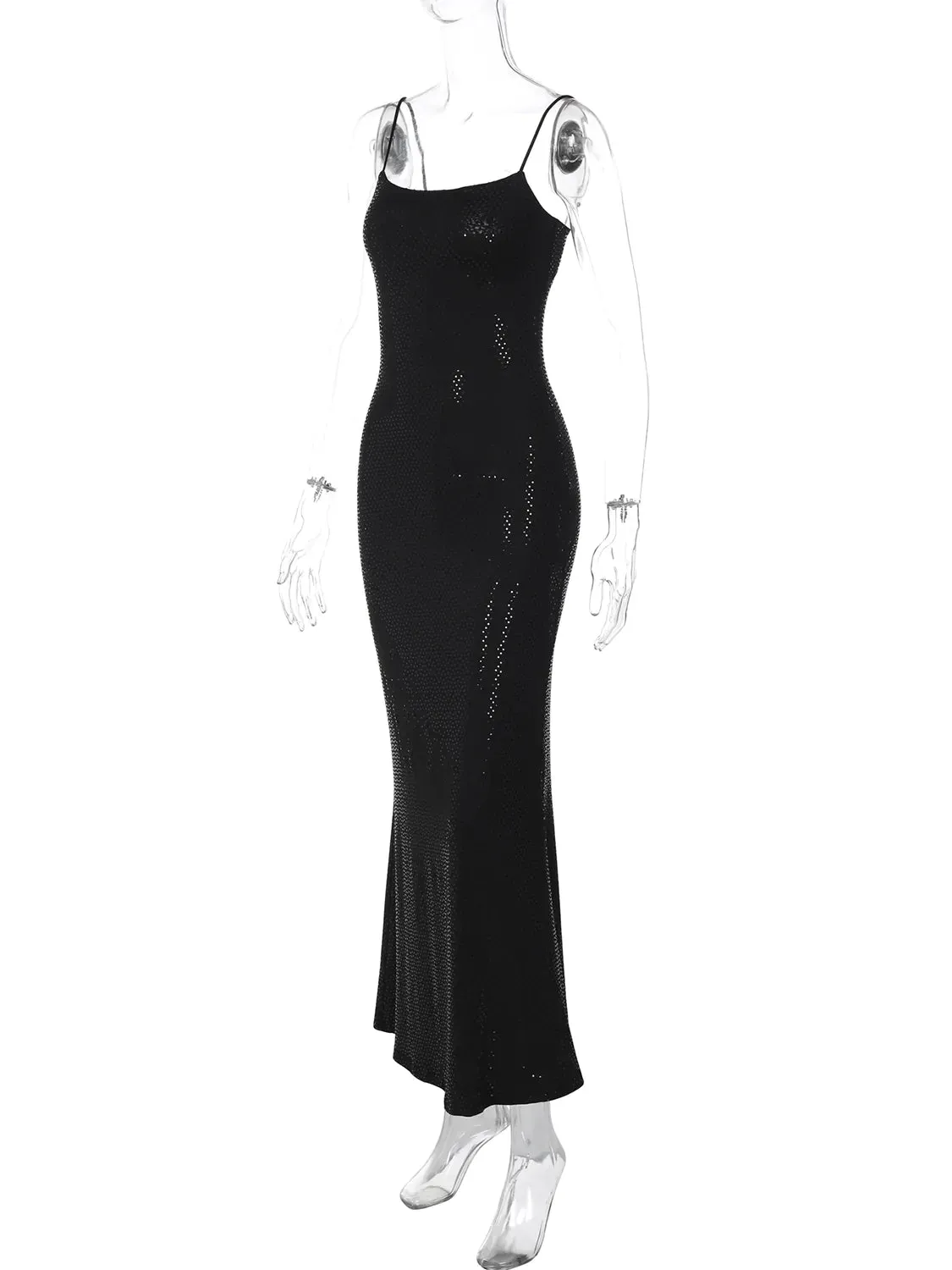 Black solid fishtail suspender dress