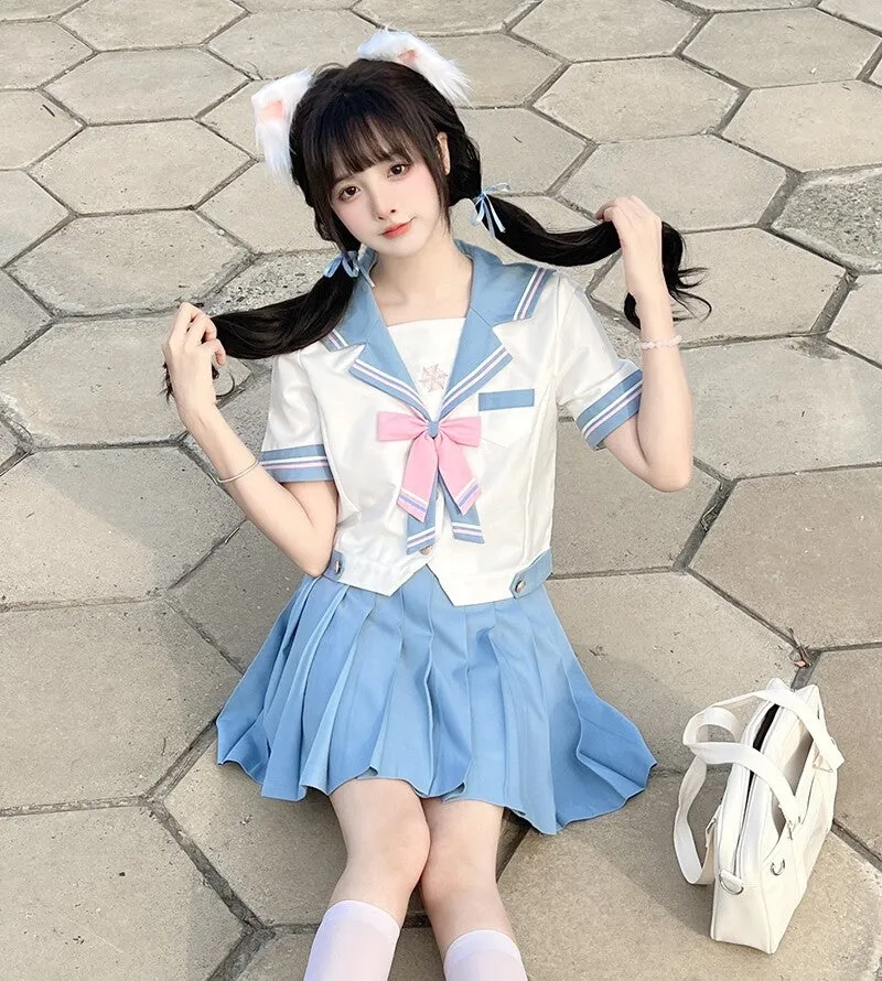Cute Japanese Light Blue JK Sailor Uniform Skirt Suit