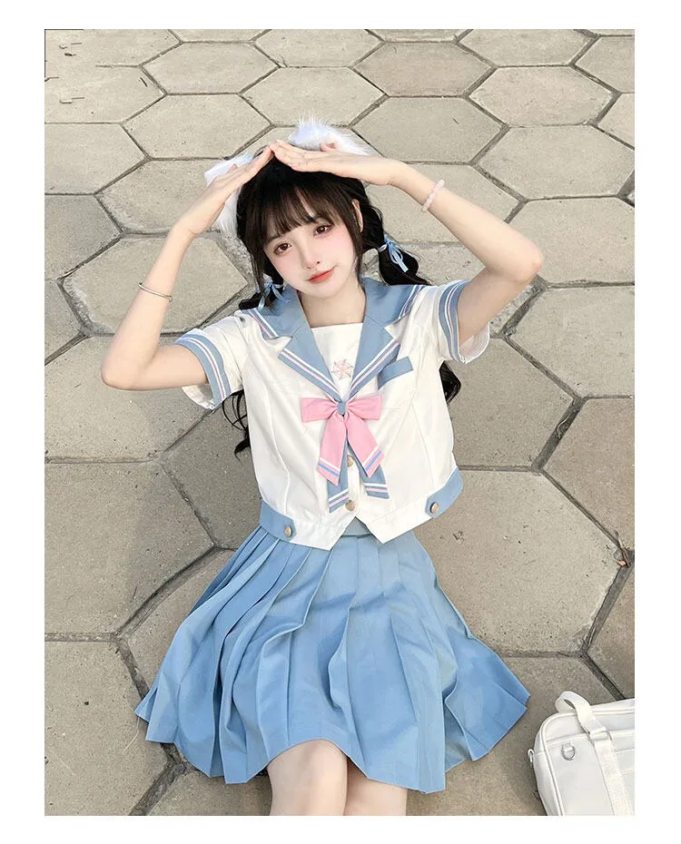 Cute Japanese Light Blue JK Sailor Uniform Skirt Suit
