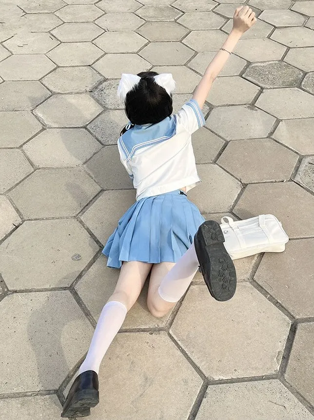 Cute Japanese Light Blue JK Sailor Uniform Skirt Suit