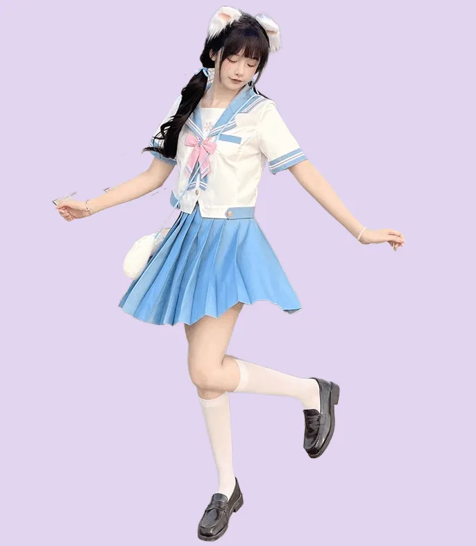 Cute Japanese Light Blue JK Sailor Uniform Skirt Suit