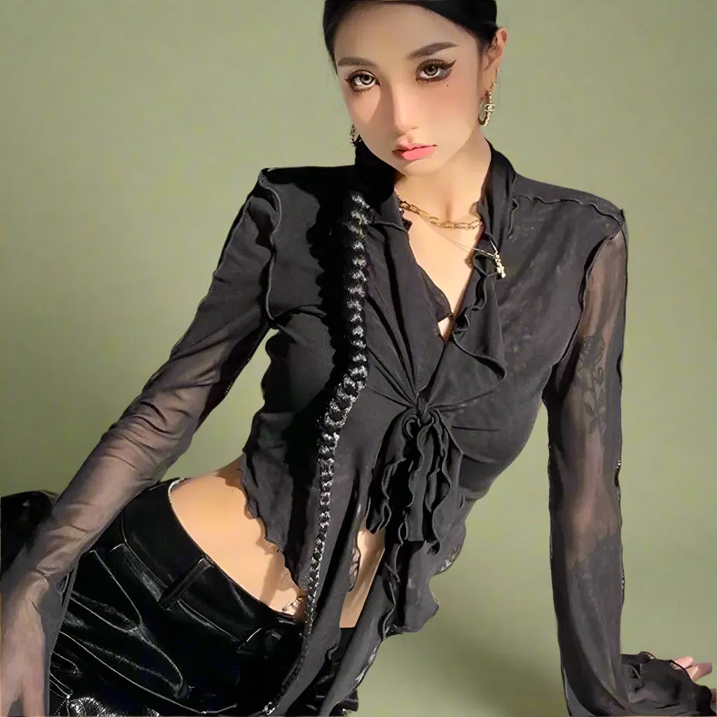 Fairycore Ruffled Tie-Front Sheer Blouse