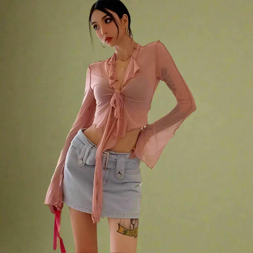 Fairycore Ruffled Tie-Front Sheer Blouse