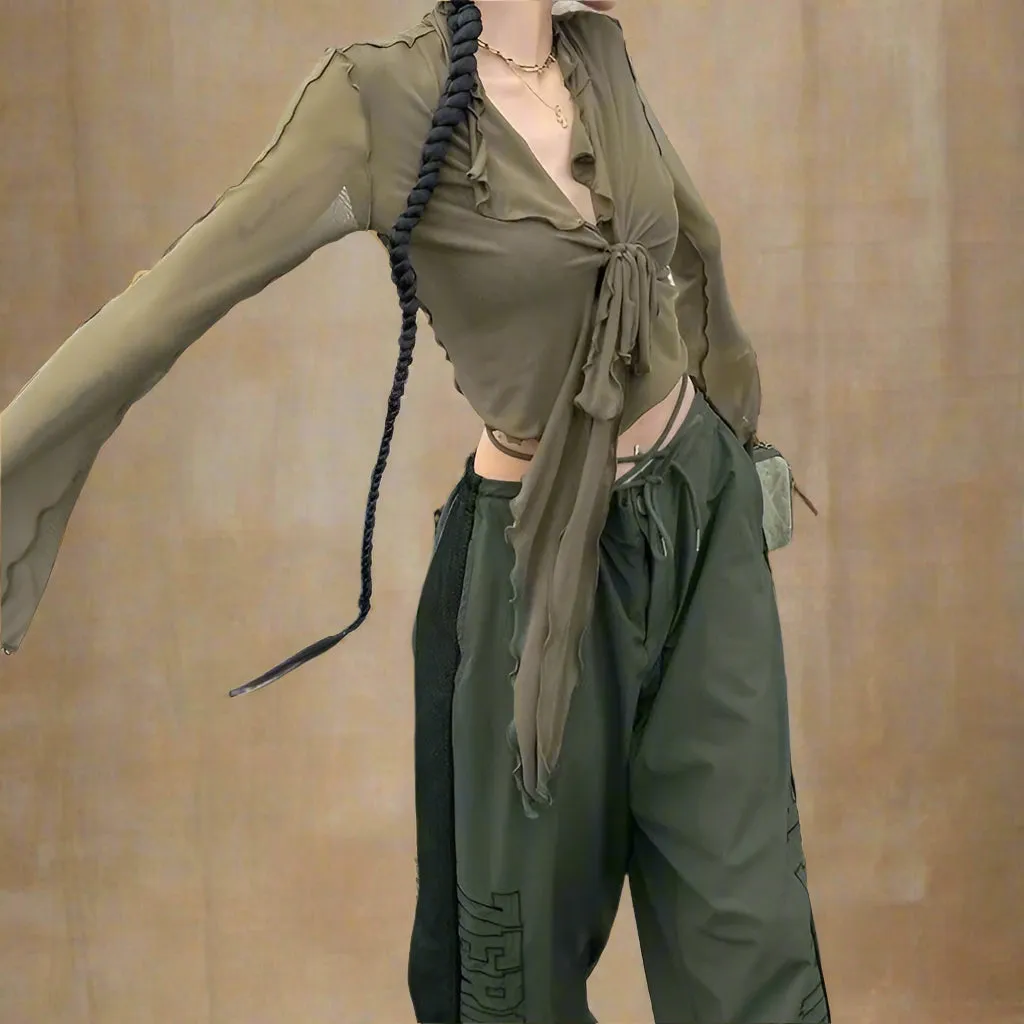 Fairycore Ruffled Tie-Front Sheer Blouse