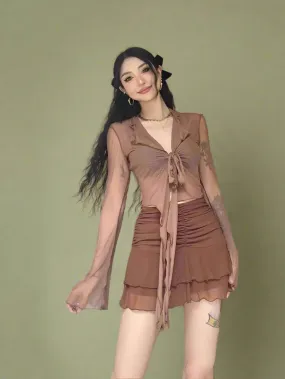 Fairycore Ruffled Tie-Front Sheer Blouse