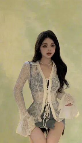Fairycore Sheer Lace Tie-Front Blouse