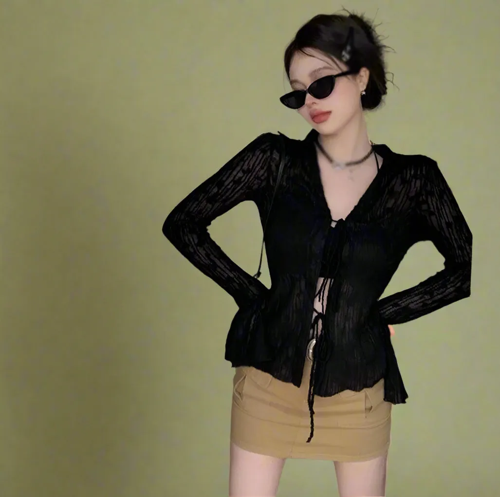 Fairycore Sheer Lace Tie-Front Blouse