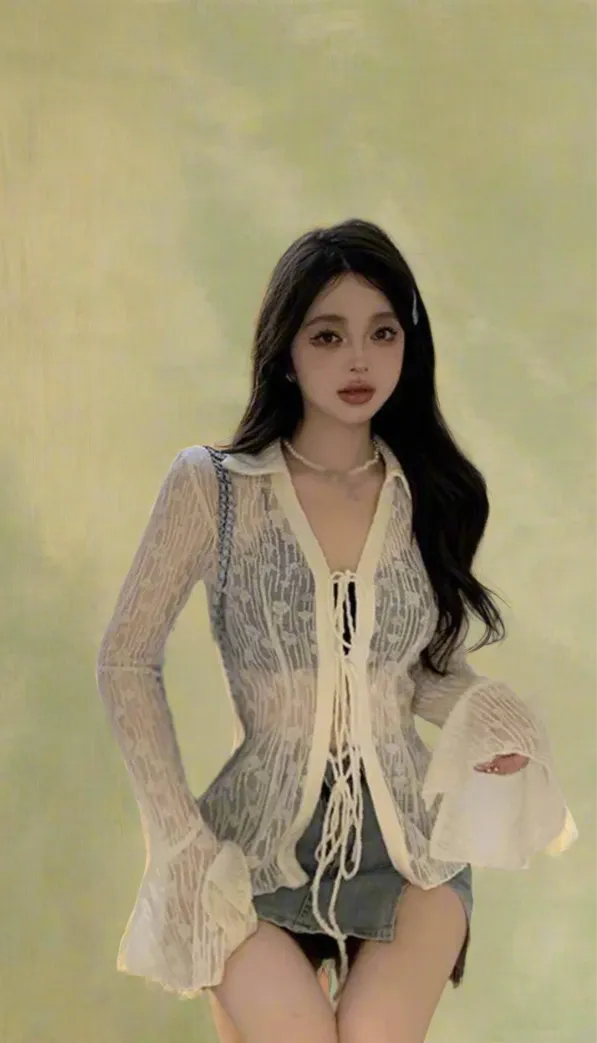 Fairycore Sheer Lace Tie-Front Blouse