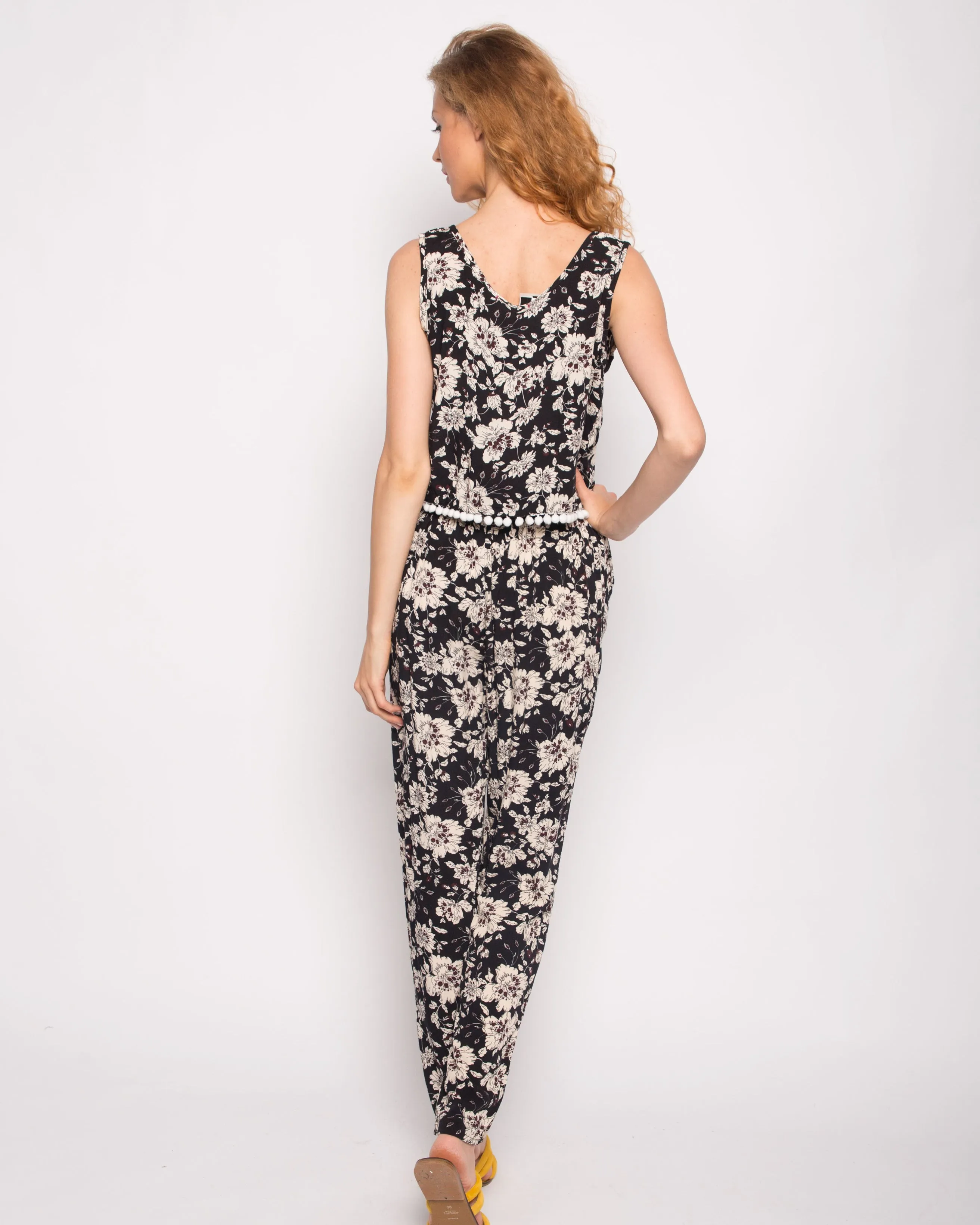 Floral print cotton tassel vest top and trousers suits co-ords (BLACK)