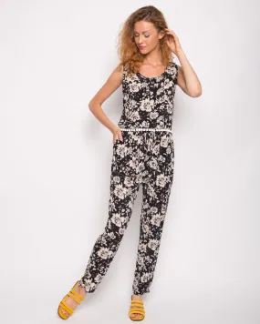 Floral print cotton tassel vest top and trousers suits co-ords (BLACK)