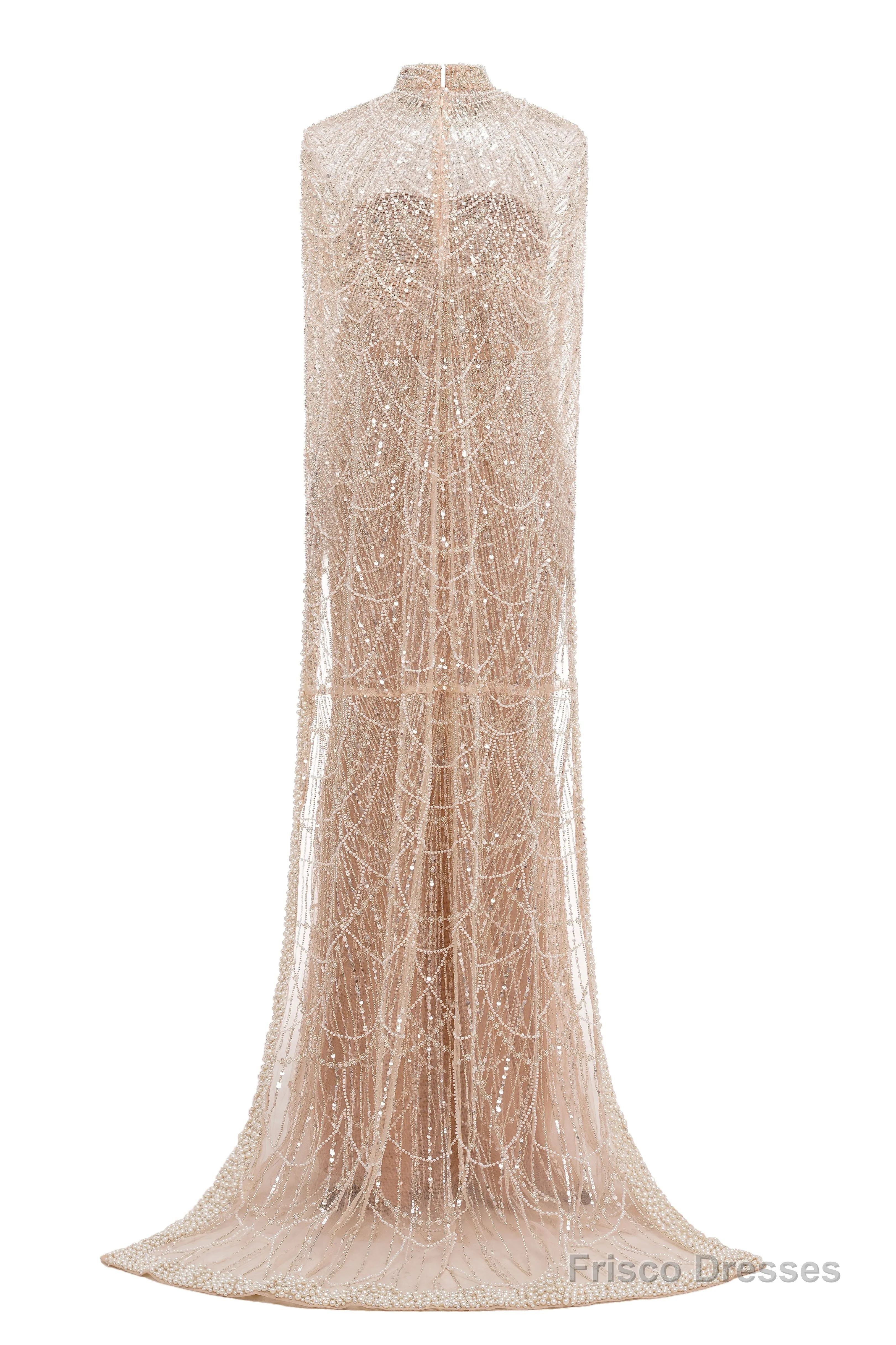 Grey Beading Prom Dresses Sweep Train High Neck Zipper Sleeveless Evening Dresses