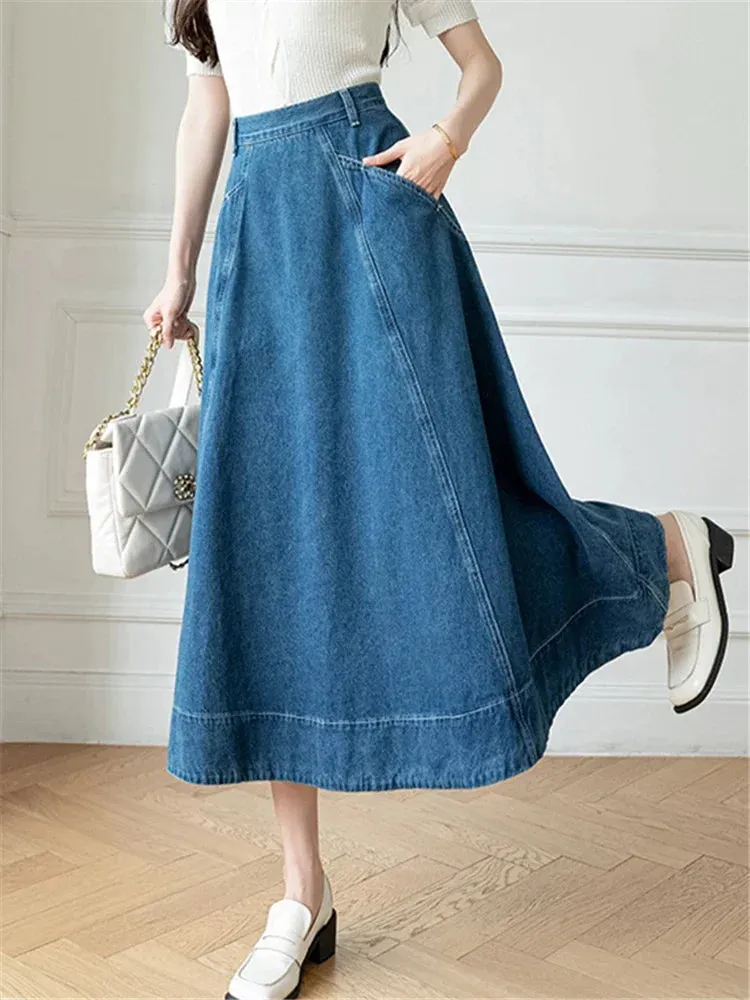 High Women's Denim Long A-Line Spring Summer Vintage Cowboy Jeans Umbrella Pockets New Skirt