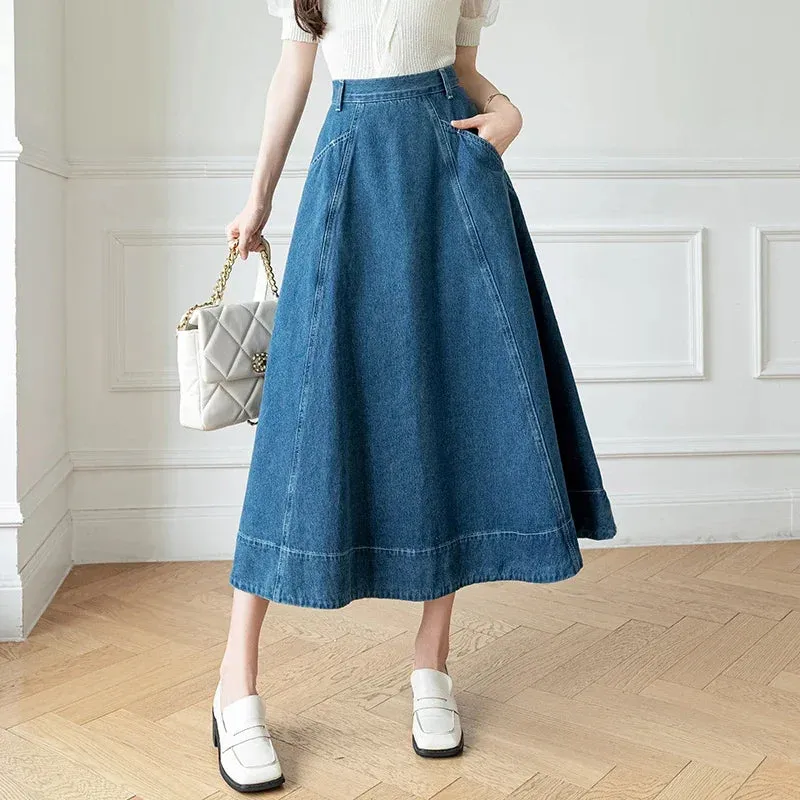 High Women's Denim Long A-Line Spring Summer Vintage Cowboy Jeans Umbrella Pockets New Skirt