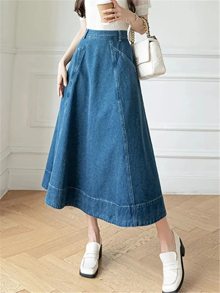 High Women's Denim Long A-Line Spring Summer Vintage Cowboy Jeans Umbrella Pockets New Skirt