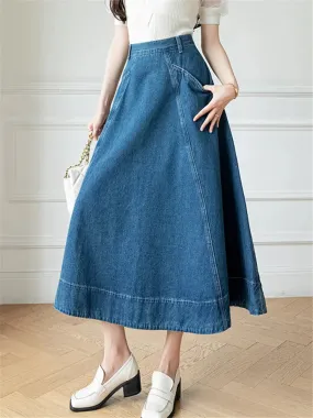 High Women's Denim Long A-Line Spring Summer Vintage Cowboy Jeans Umbrella Pockets New Skirt