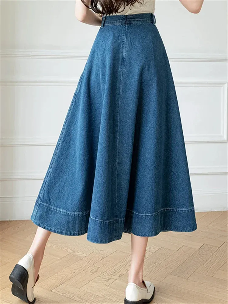 High Women's Denim Long A-Line Spring Summer Vintage Cowboy Jeans Umbrella Pockets New Skirt
