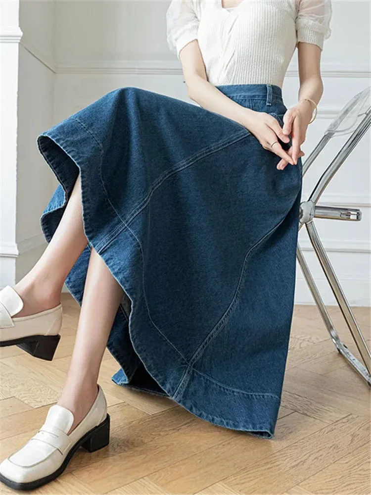High Women's Denim Long A-Line Spring Summer Vintage Cowboy Jeans Umbrella Pockets New Skirt
