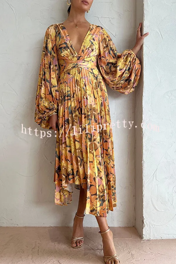 Holiday Glow Kaleidoscope Floral Balloon Sleeve Umbrella Pleated Midi Dress
