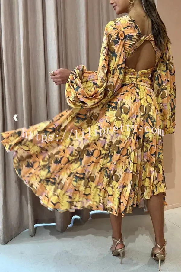 Holiday Glow Kaleidoscope Floral Balloon Sleeve Umbrella Pleated Midi Dress