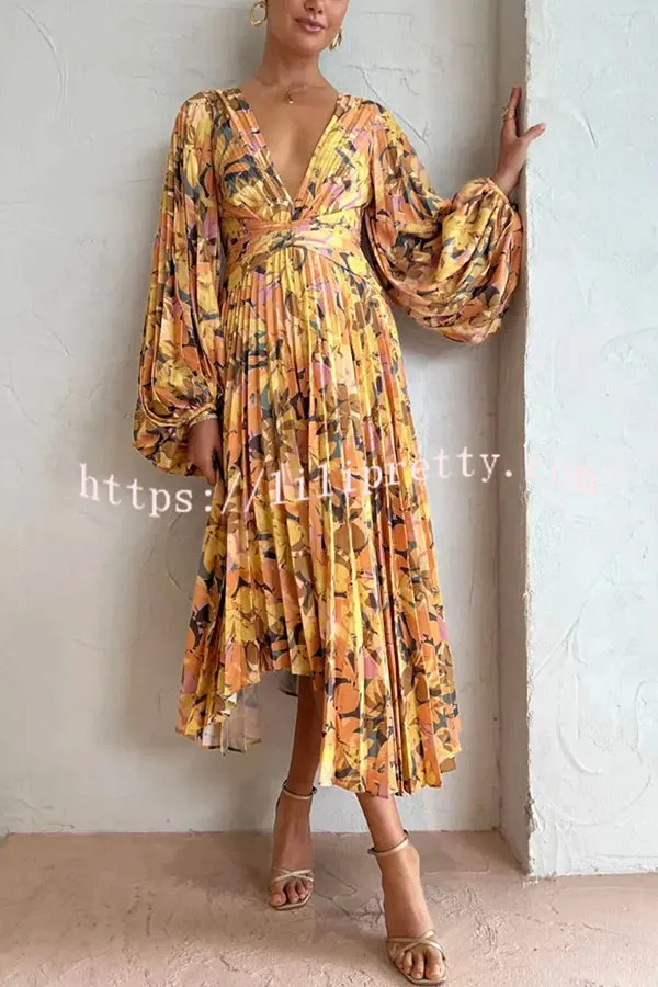 Holiday Glow Kaleidoscope Floral Balloon Sleeve Umbrella Pleated Midi Dress