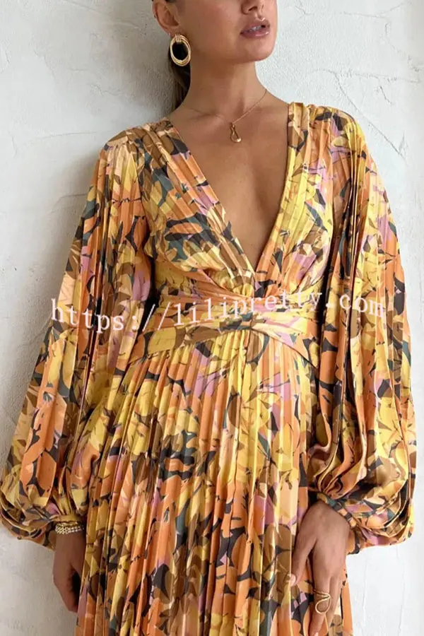Holiday Glow Kaleidoscope Floral Balloon Sleeve Umbrella Pleated Midi Dress