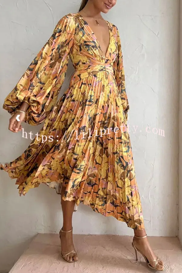 Holiday Glow Kaleidoscope Floral Balloon Sleeve Umbrella Pleated Midi Dress