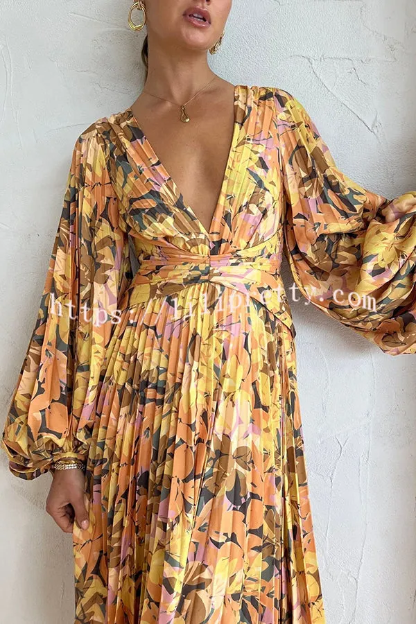 Holiday Glow Kaleidoscope Floral Balloon Sleeve Umbrella Pleated Midi Dress