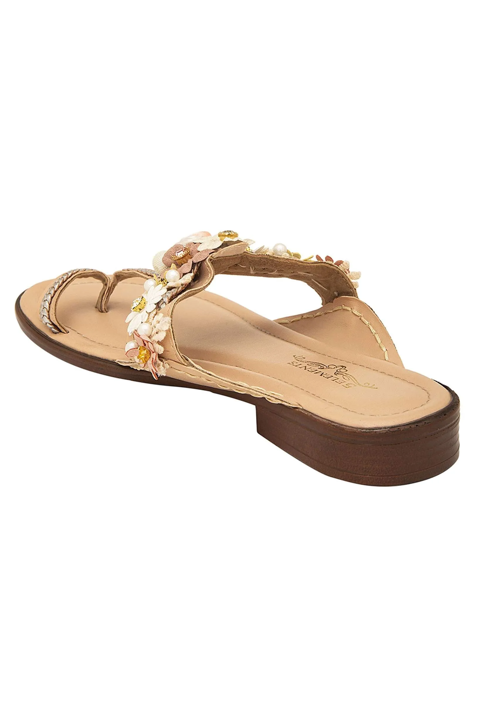 Peach Kolhapuri Cushioned Flat Footwear With Floral Embellishment
