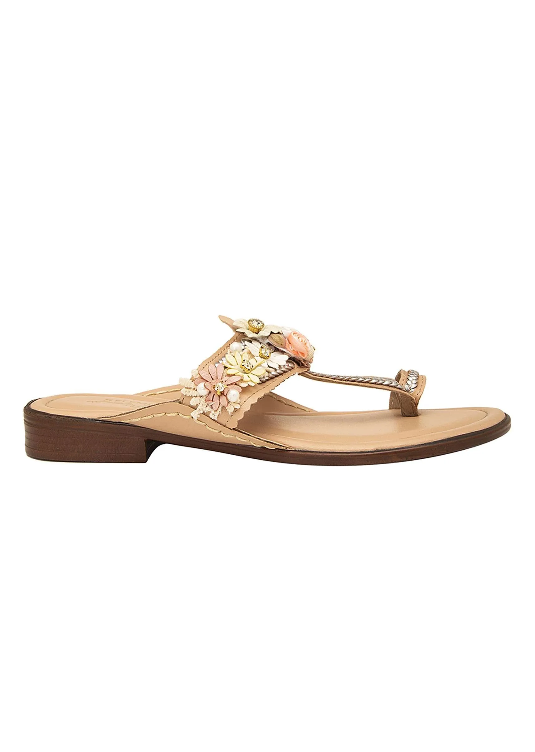 Peach Kolhapuri Cushioned Flat Footwear With Floral Embellishment