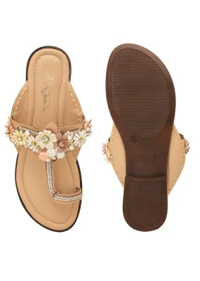 Peach Kolhapuri Cushioned Flat Footwear With Floral Embellishment