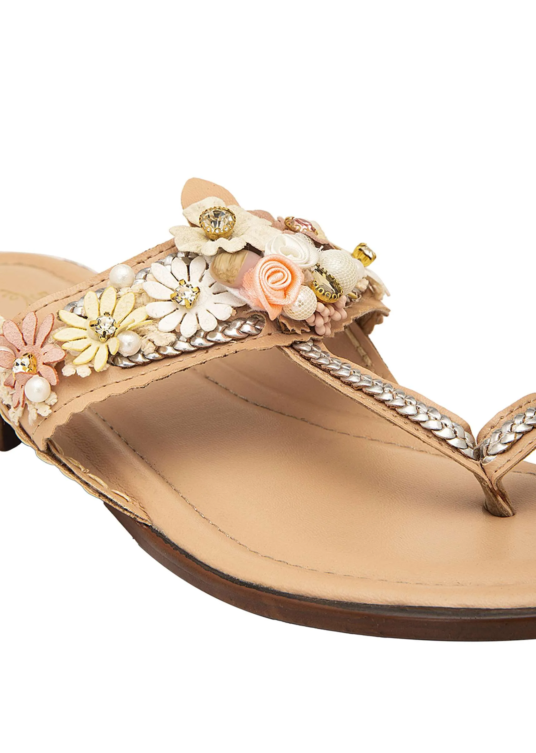 Peach Kolhapuri Cushioned Flat Footwear With Floral Embellishment