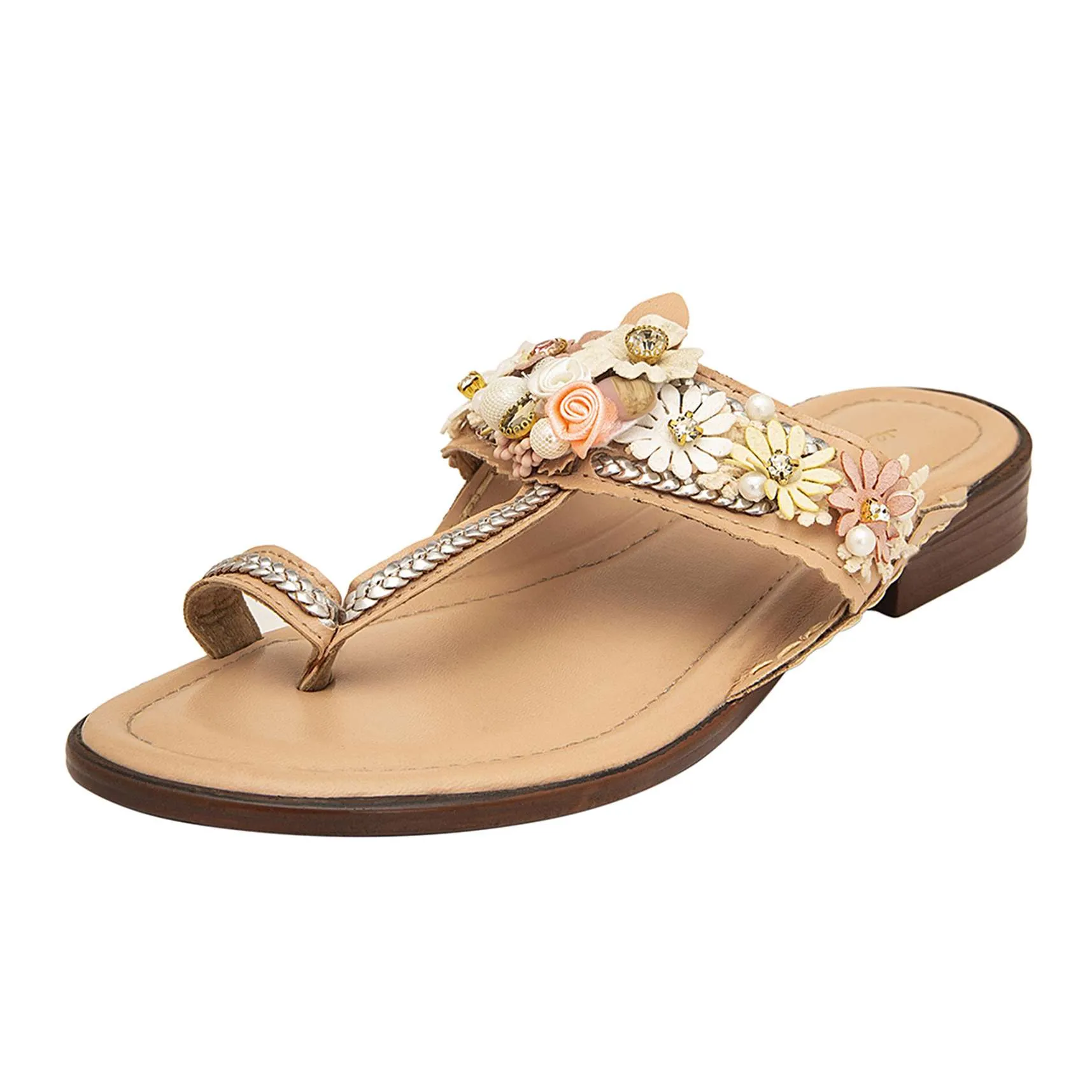 Peach Kolhapuri Cushioned Flat Footwear With Floral Embellishment