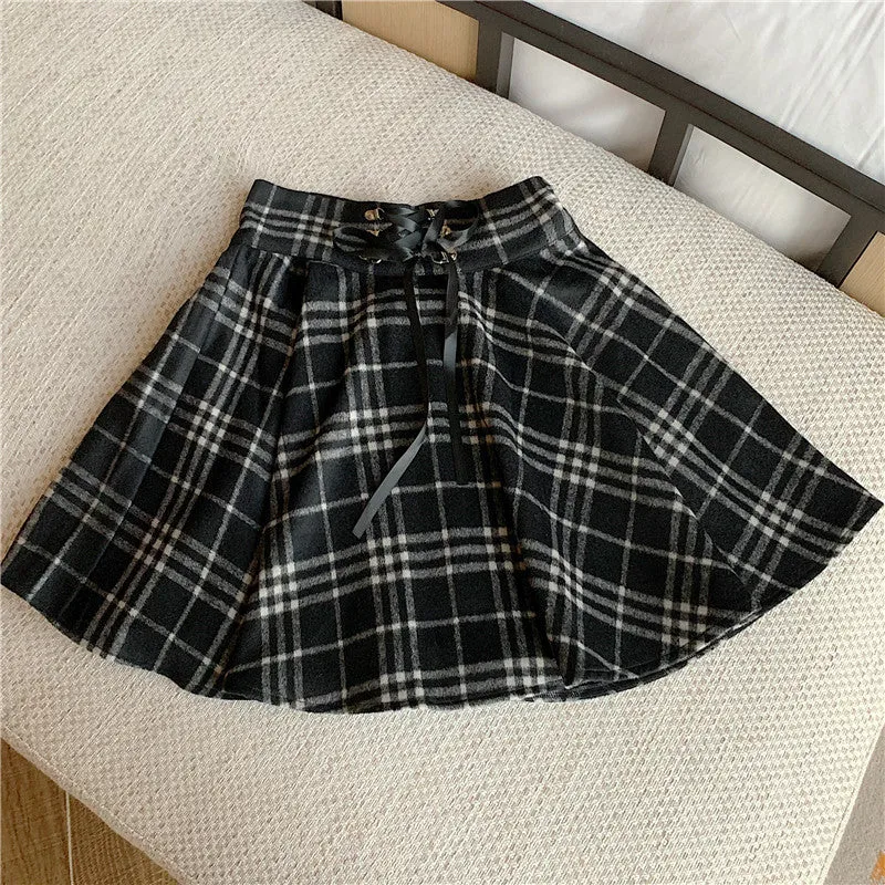 Plus Size Gray & Red High Waist Strap Black Tartan Pattern Umbrella Skirt