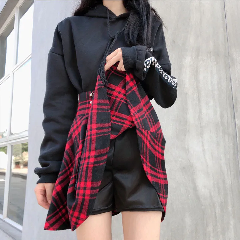 Plus Size Gray & Red High Waist Strap Black Tartan Pattern Umbrella Skirt