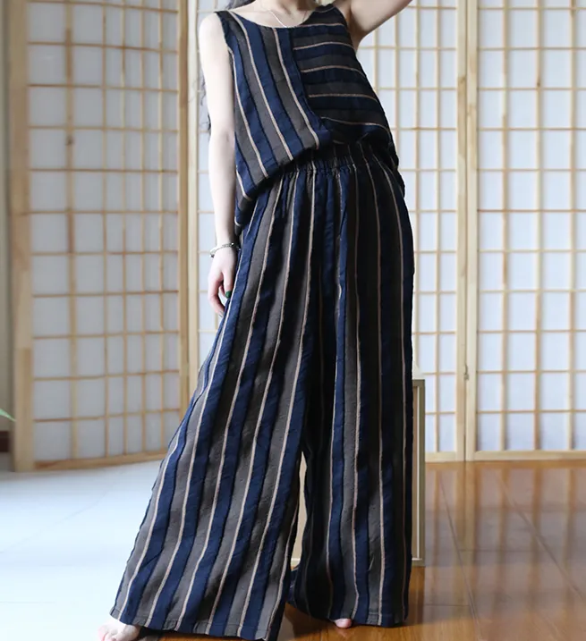 Stripe Women Suits Silk Linen Summer Women Wide Legs