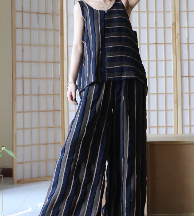 Stripe Women Suits Silk Linen Summer Women Wide Legs