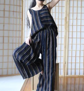 Stripe Women Suits Silk Linen Summer Women Wide Legs