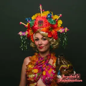 Tiki Bamboo Floral Light Up Headdress Flamingo Kanzashi Headpiece Oasis Flower Crown Hukilau Polynesian Caribbean Asian Luau Tropical Colorful Rainbow Cocktail Parasol Umbrella Gingko Leaves Unique Pin Up Kitsch Parade Mardi Gras