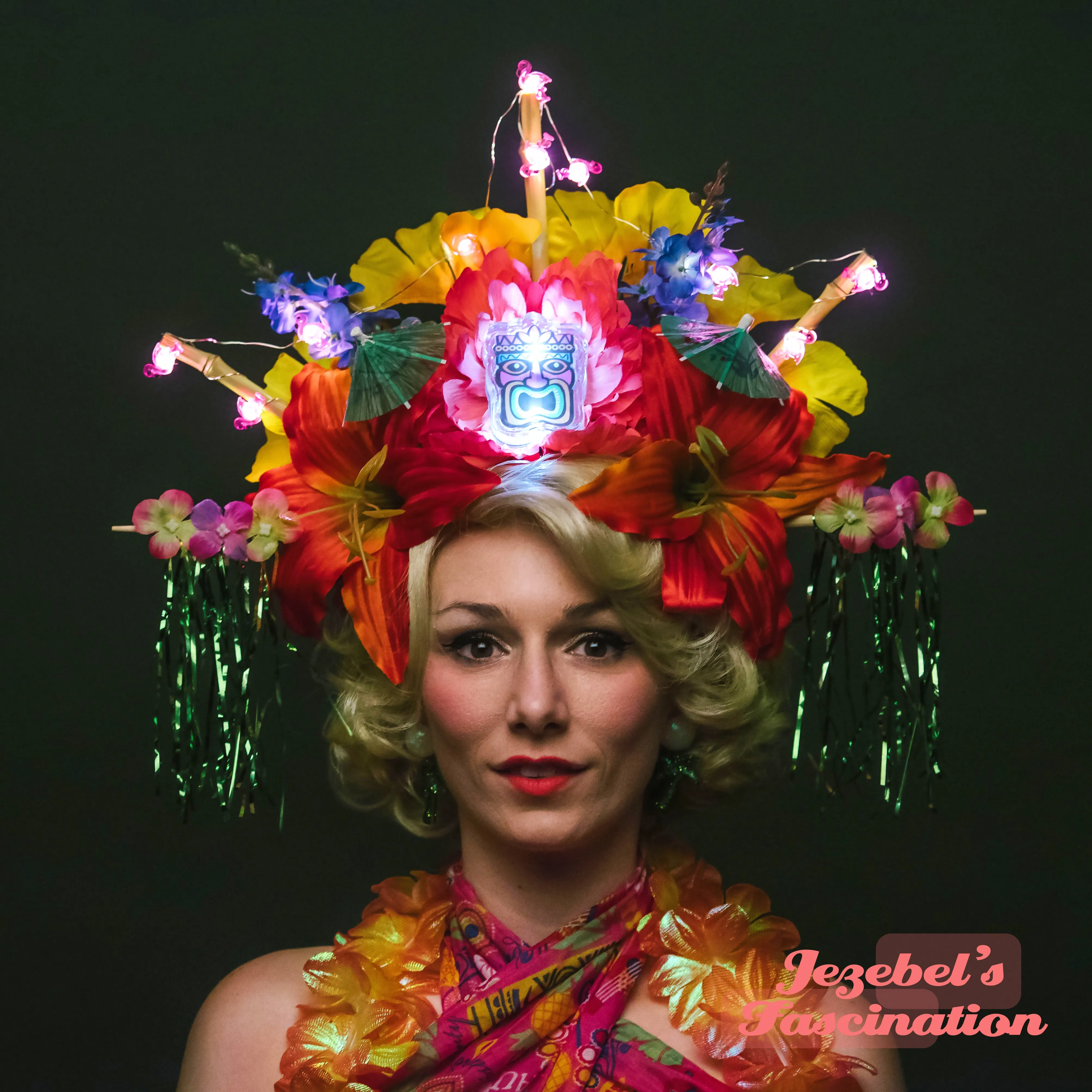 Tiki Bamboo Floral Light Up Headdress Flamingo Kanzashi Headpiece Oasis Flower Crown Hukilau Polynesian Caribbean Asian Luau Tropical Colorful Rainbow Cocktail Parasol Umbrella Gingko Leaves Unique Pin Up Kitsch Parade Mardi Gras