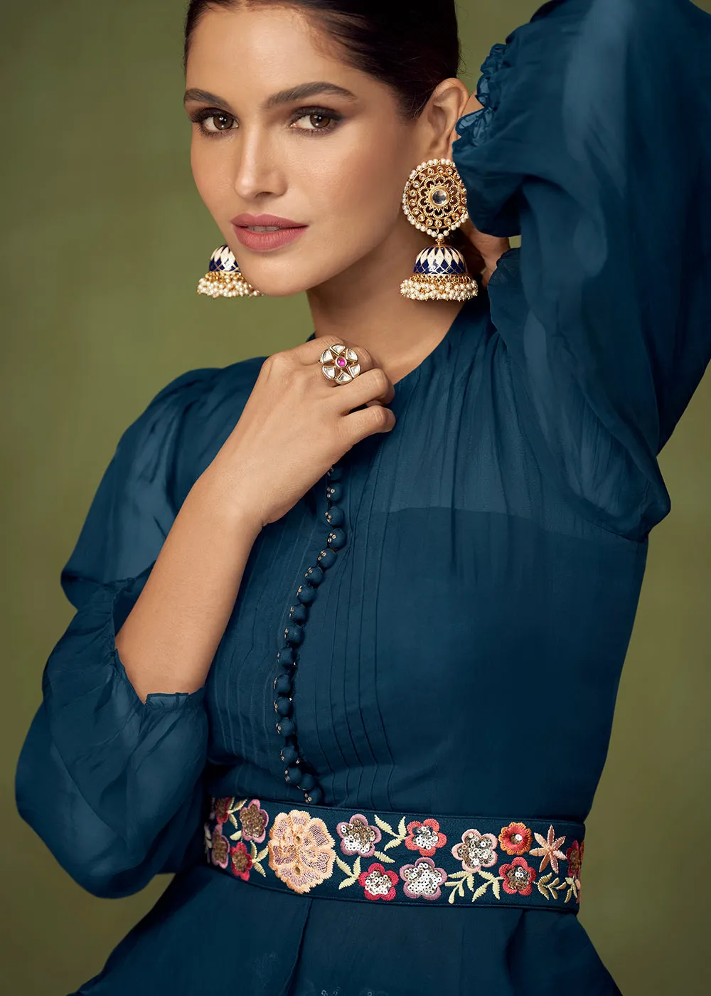 Wedding Party Peacock Blue Bridesmaid Peplum Anarkali Style Skirt